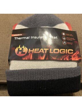 Heat Logic Women Thermal Knit Hat Black & Gray Ribbed Beanie Double Layer Thick